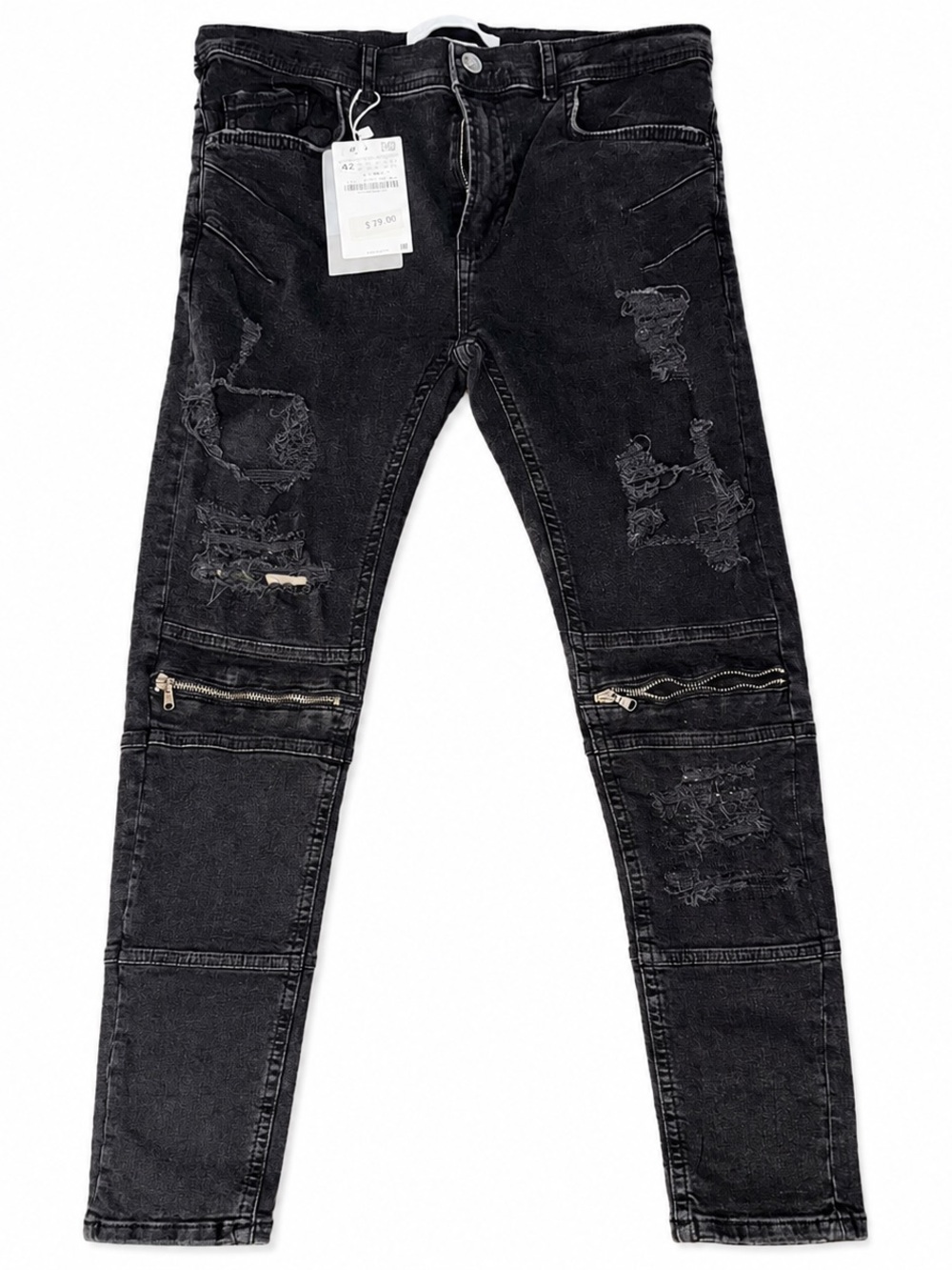 Zara Men's Black Skinny Distressed Biker Jeans with Knee Zips